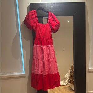 Red and Pink Puff Sleeve Dress
